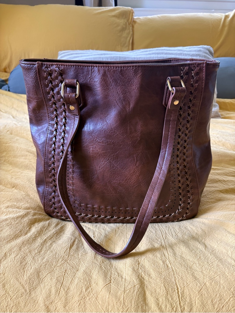 Madison West Braided Trim Tote in Rich Brown